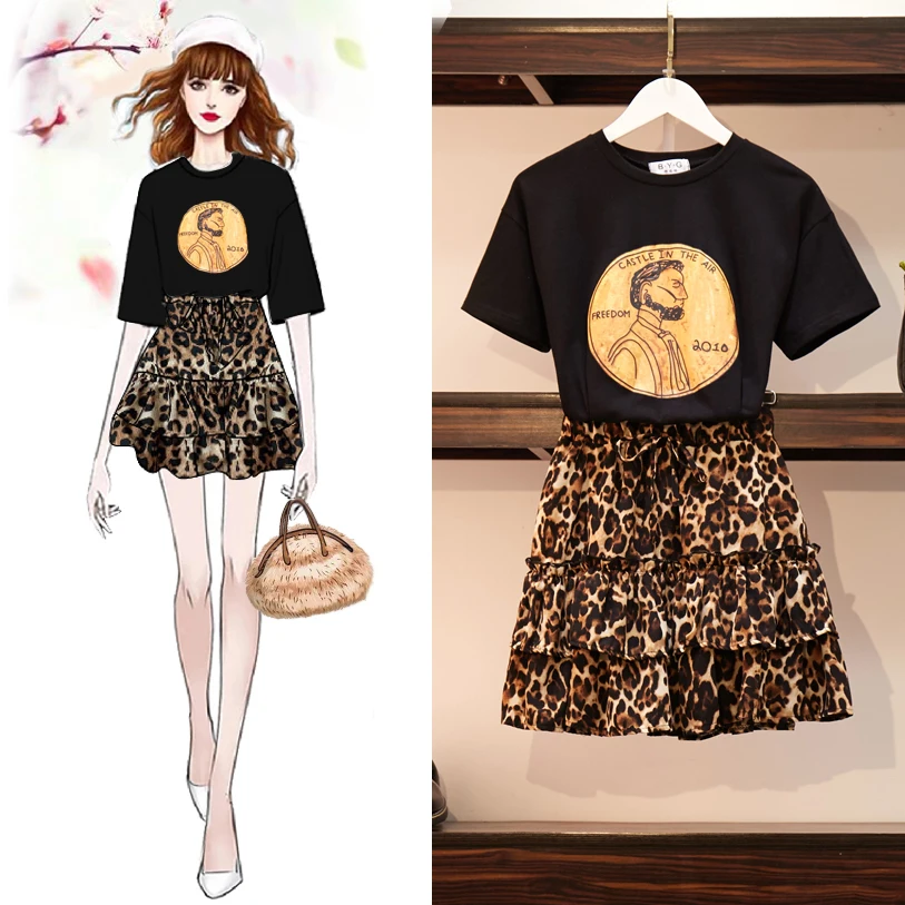 

Large-size Women's Fat Mm Summer Dress, Airprint Short Sleeve T + High Waist Leopard Print Half-length Skirt, Pants, Net Red Two