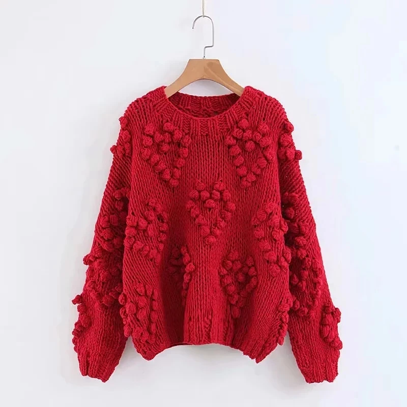 Withered sweaters women fashion blogger vintage hand knitted o-neck oversize love Jacquard weave thick pullovers sweaters women