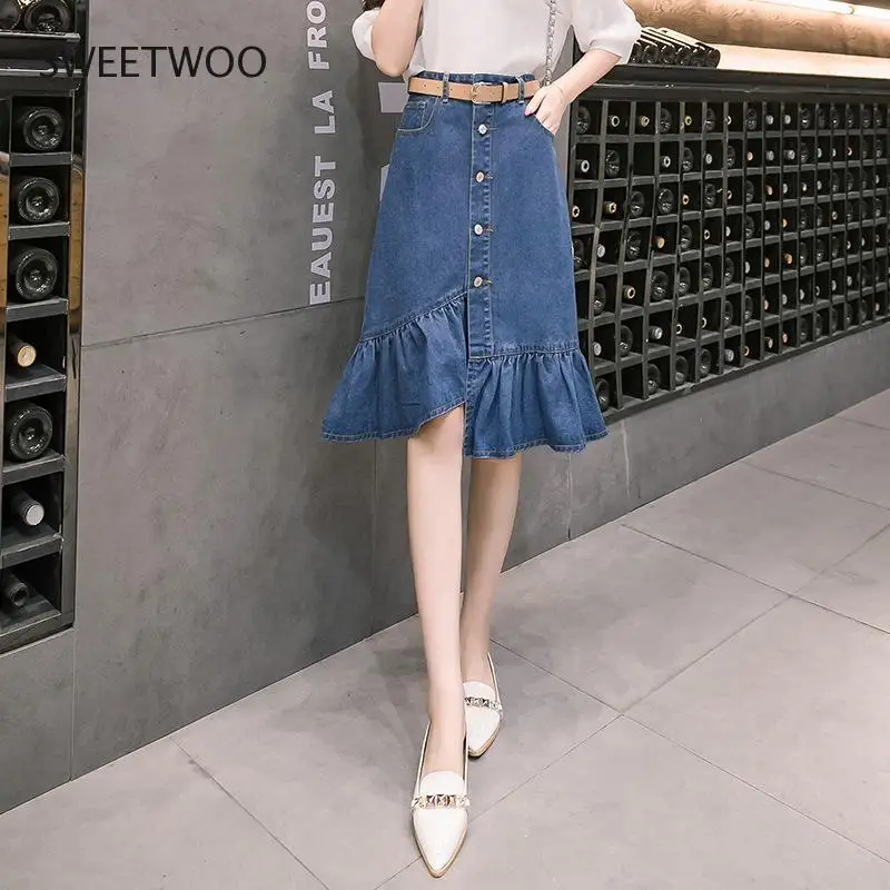 

Summer women's skirt with open button blue denim skirt sweet casual all-match ruffled fishtail skirt
