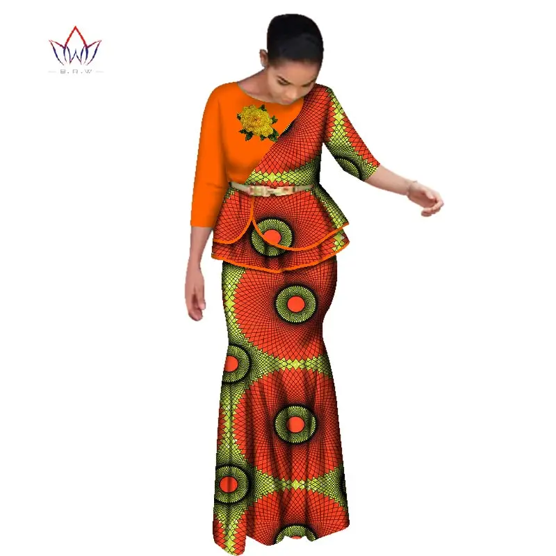 BRW Rose Embroidery Traditional African Skirt Set for Women Dashiki Free Headscarf African Clothes Elegant Party Dress WY2642