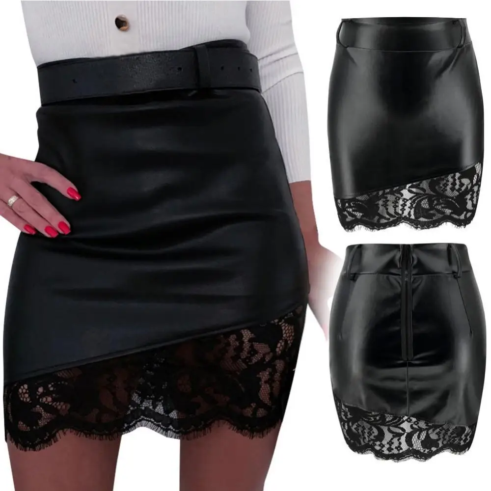 

Women Mini Pencil Skirt Sexy Autumn Faux Leather Lace High Waist Zipper Bodycon New Fashion Solid Color Mini Length 2021