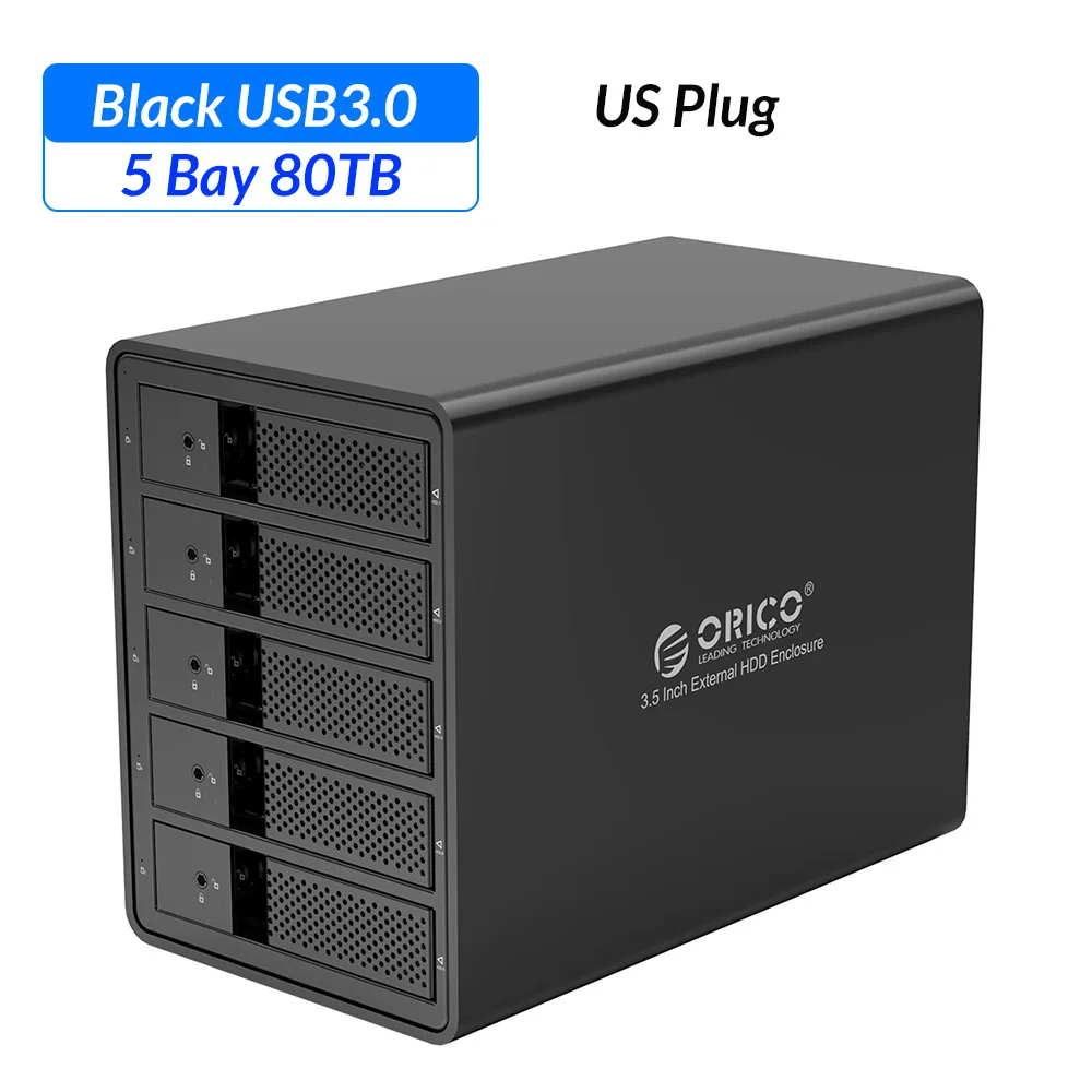 US Plug ORICO HDD чехол алюминиевый 5 отсек 3,5 ''USB3.0 HDD док-станция Поддержка 80 ТБ UASP с 150 Вт внутренний адаптер питания SATA для USB 3,0 - Цвет: US Plug
