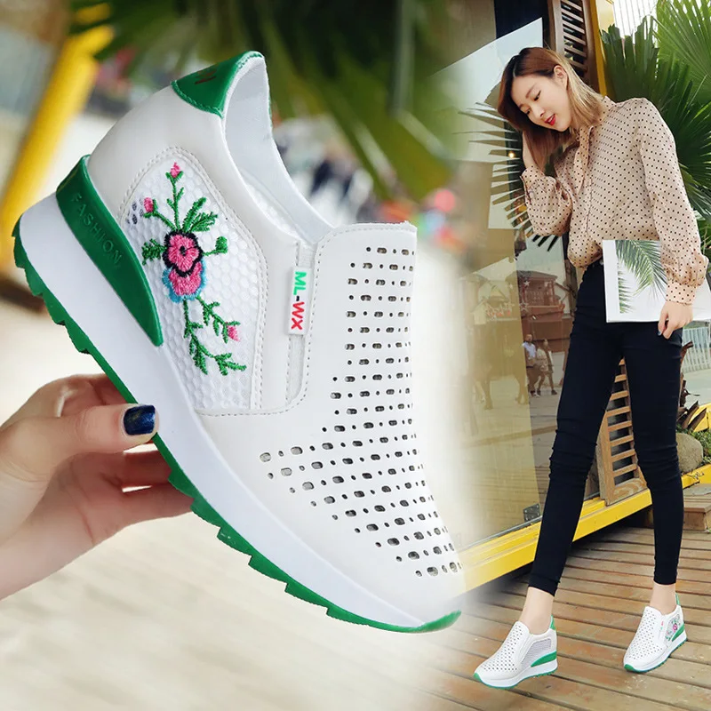 

Women Casual Shoes Summer Spring Slip On Loafers Flower Mixed Colors Hollow Out Increasing Internal Height White Sneakers 35-40
