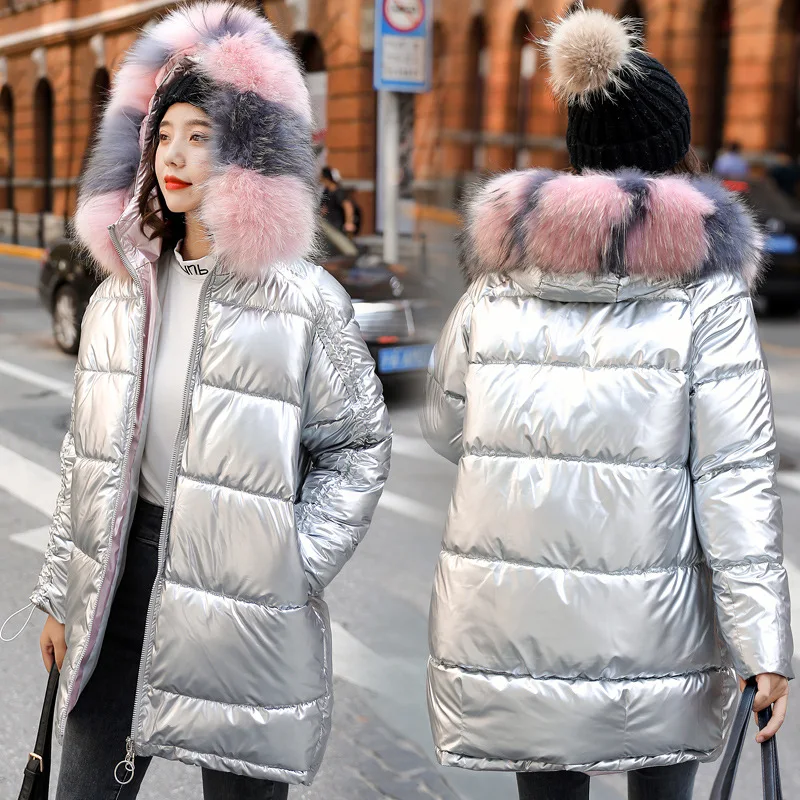 Женские блестящие пуховые парки теплые водонепроницаемые зимние куртки с