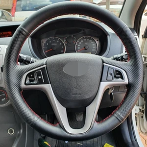 black steering wheel cover artificial leather hand stitched for hyundai solaris verna i20 accent free global shipping