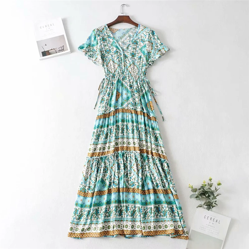 Boho шикарное женское платье с цветочным принтом, с расклешенными рукавами, богемное хлопковое платье макси из вискозы, женское винтажное платье с v-образным вырезом на шнуровке и оборками
