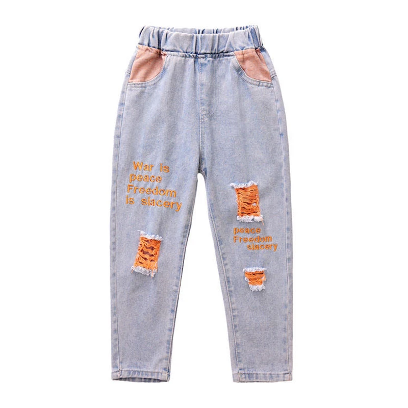 

New Style Ripped Jeans For Girls Denim Trousers 2-13 Years Old Children Korean Teen Jeans Loose Student Pants Spring Clothes
