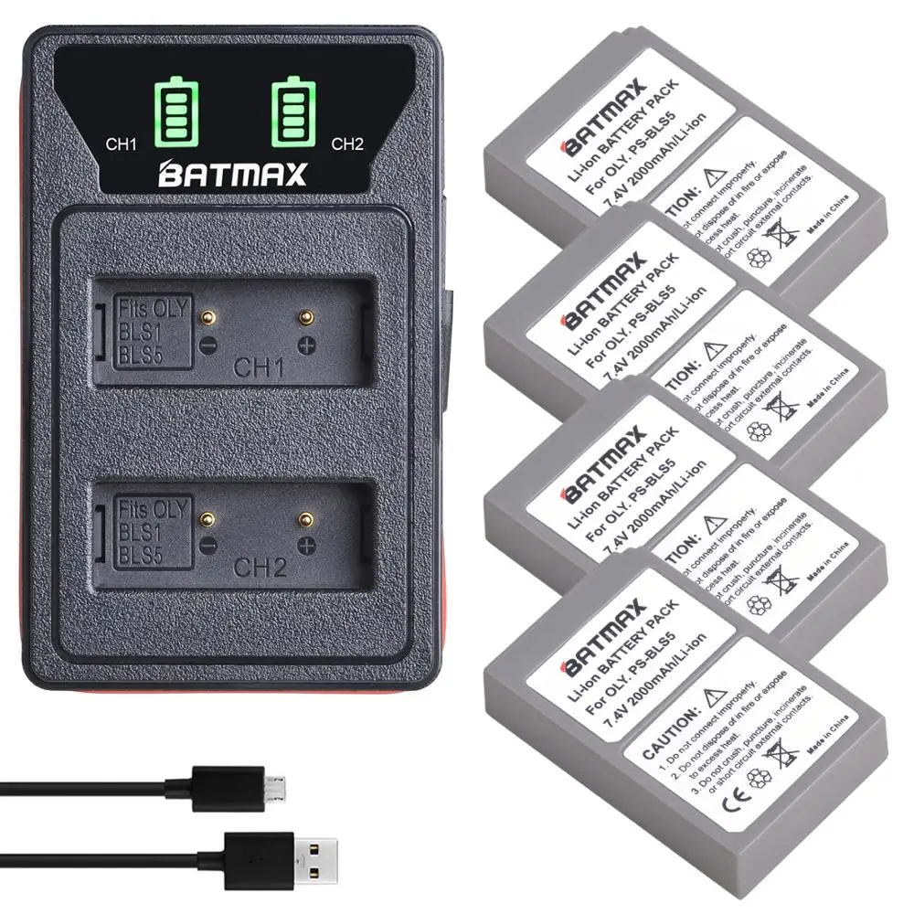 Batterie BLS5 2000mAh PS-BLS5 BLS-5, avec chargeur USB intgr LED, pour Olympus OM-D E-M10 stylo E-PL2, E-PL5, E-PL6, stylet 1