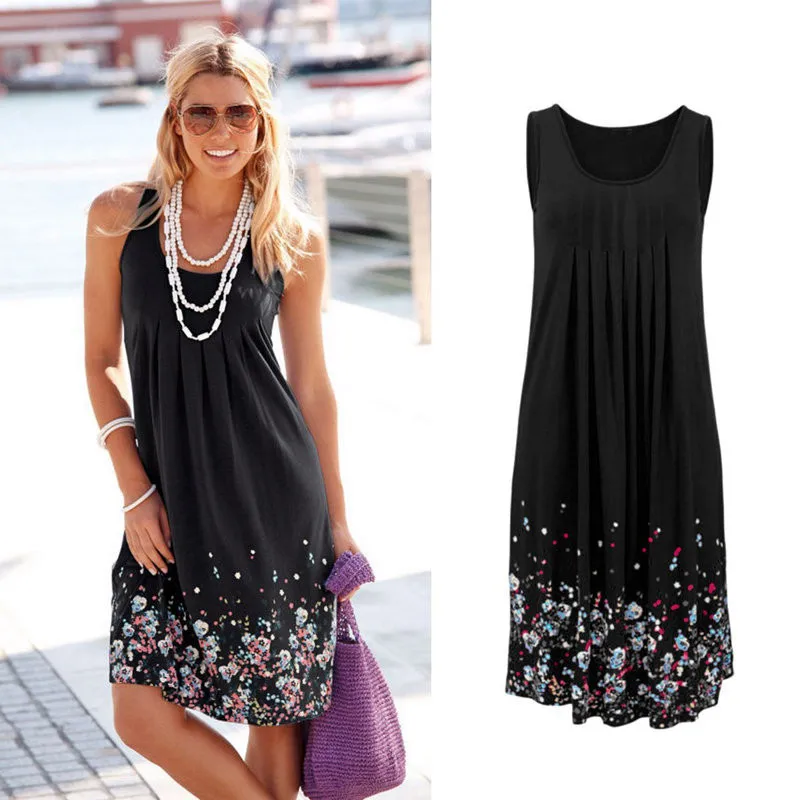 

Hot Summer Sleeveless Flower Print Loose Women Dress Casual Dress Plus Size Dress Women