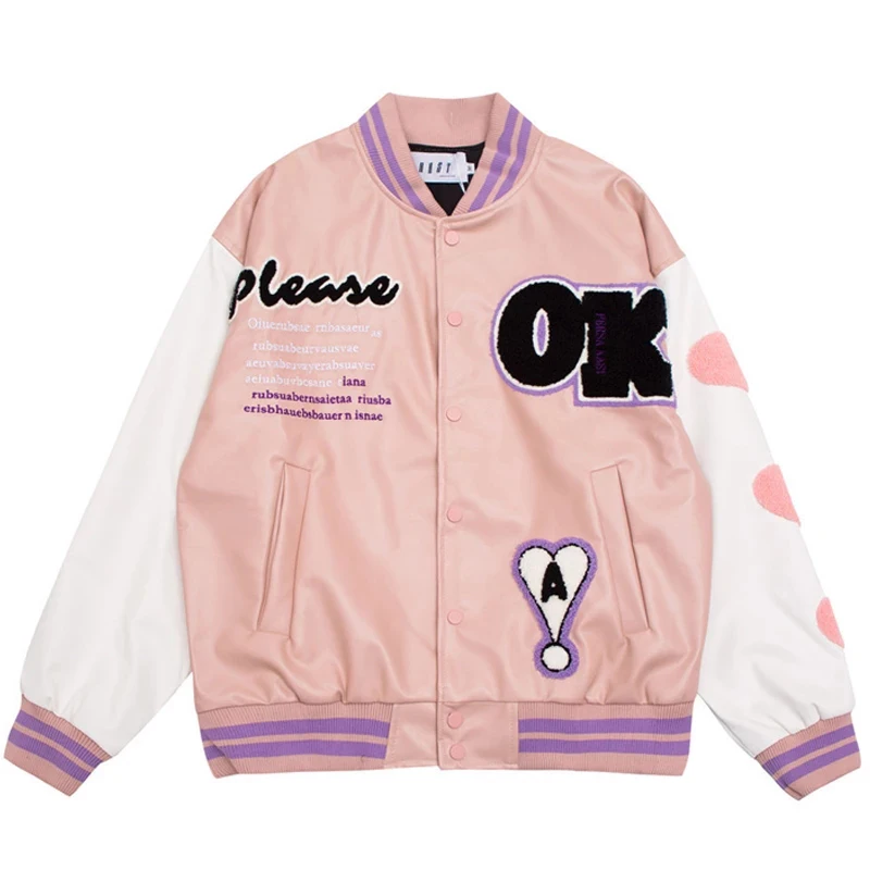 

PU Leather Jacket Men Heart Letter Embroidery Baseball Jacket Woman Bomber Coat Unisex Boyfriend Style Casual Varsity Jacket