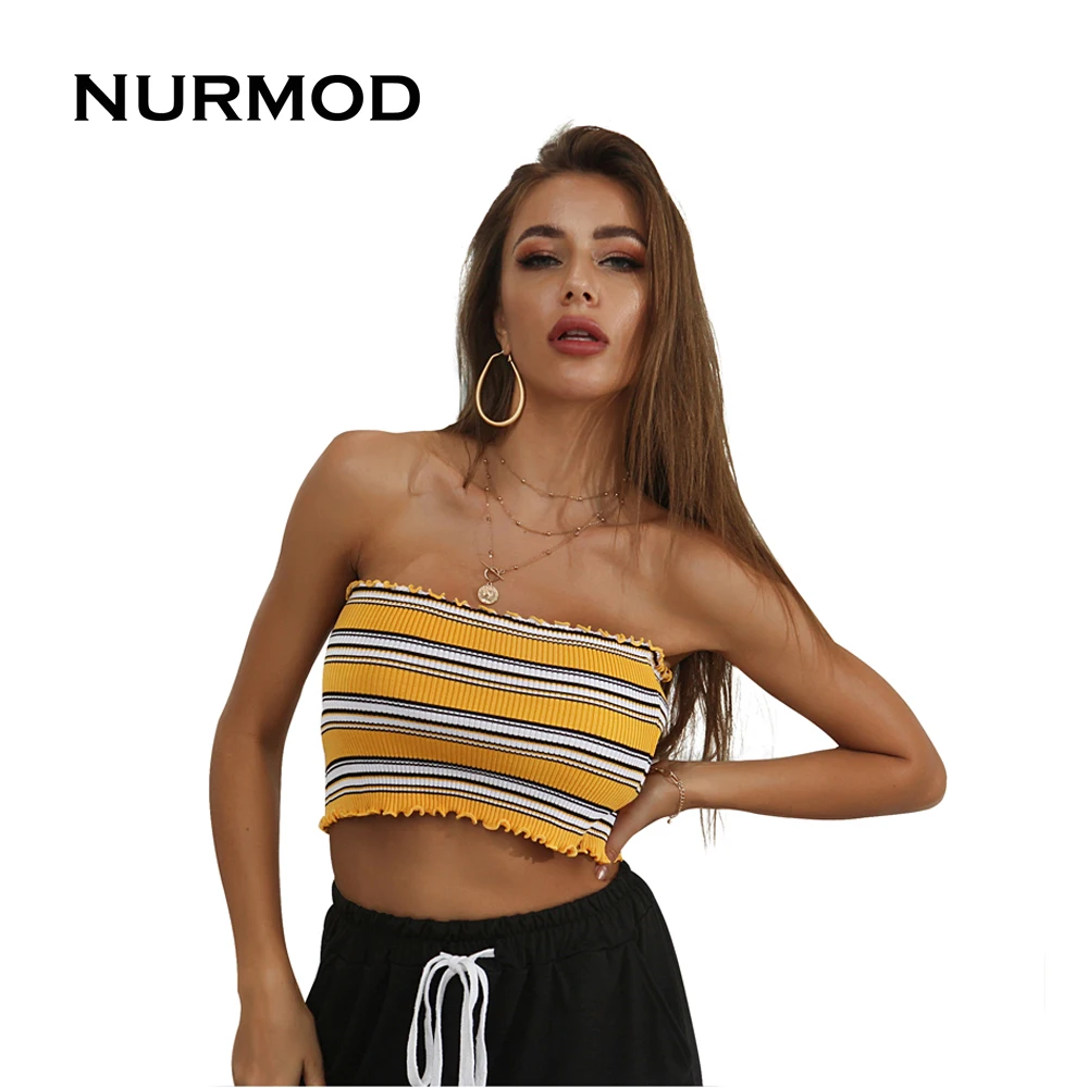 

NURMOD New Women Tank Tops Sleeveless Knitted Wrapped Chest for Girl Pull On Breast Wrap Short Tees Top Yellow Stripe
