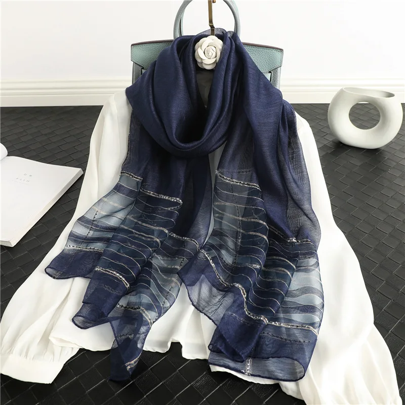 

New Silk Scarf Women Soft Long Autumn Winter Scarves Gold Strips Shawls And Wraps High Quality Foulard Pashmina Hijab Whosale