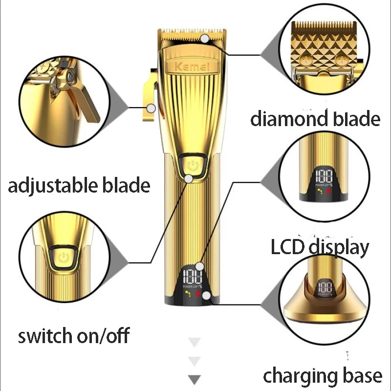 KEMEI KM-K32S LED Pro Hair Clipper All Metal Body Hair Cutter Electric Diamond Blade Trimmer with 8 Color Coded Cutting Guides enlarge