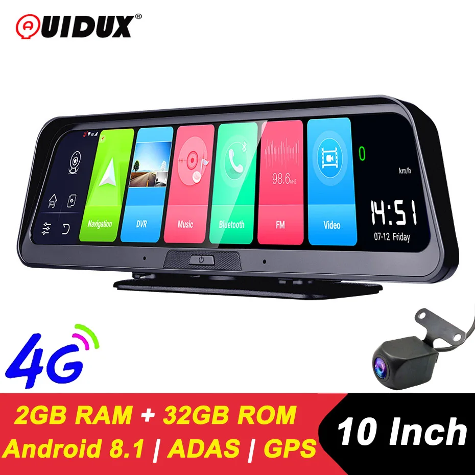 

QUIDUX 10" IPS Android 8.1 car dvr Dashboard video recorder GPS Navigator ADAS 1080P dual camera auto video registrator G sensor