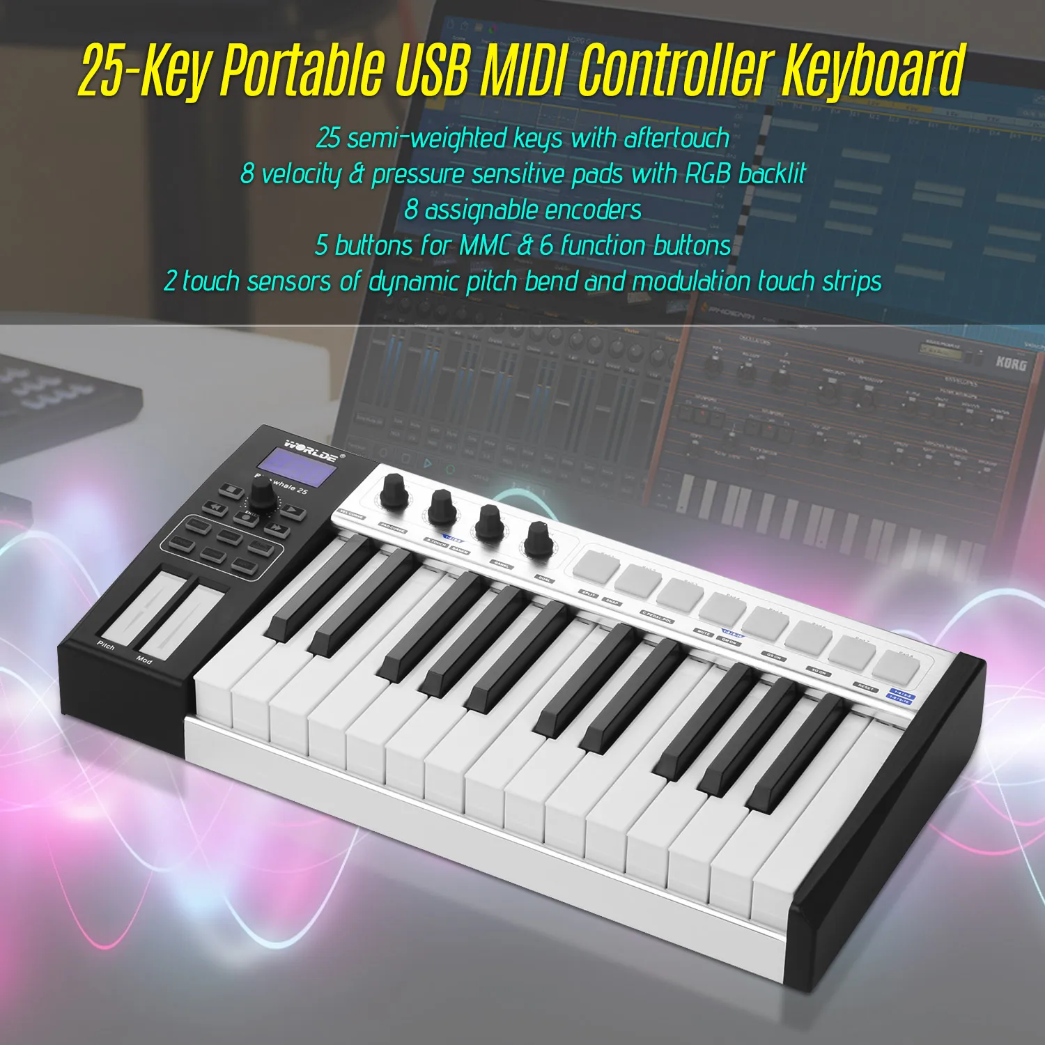 WORLDE TUNA MINI Новый Ультрапортативный 25 клавишный USB MIDI контроллер клавиатуры два