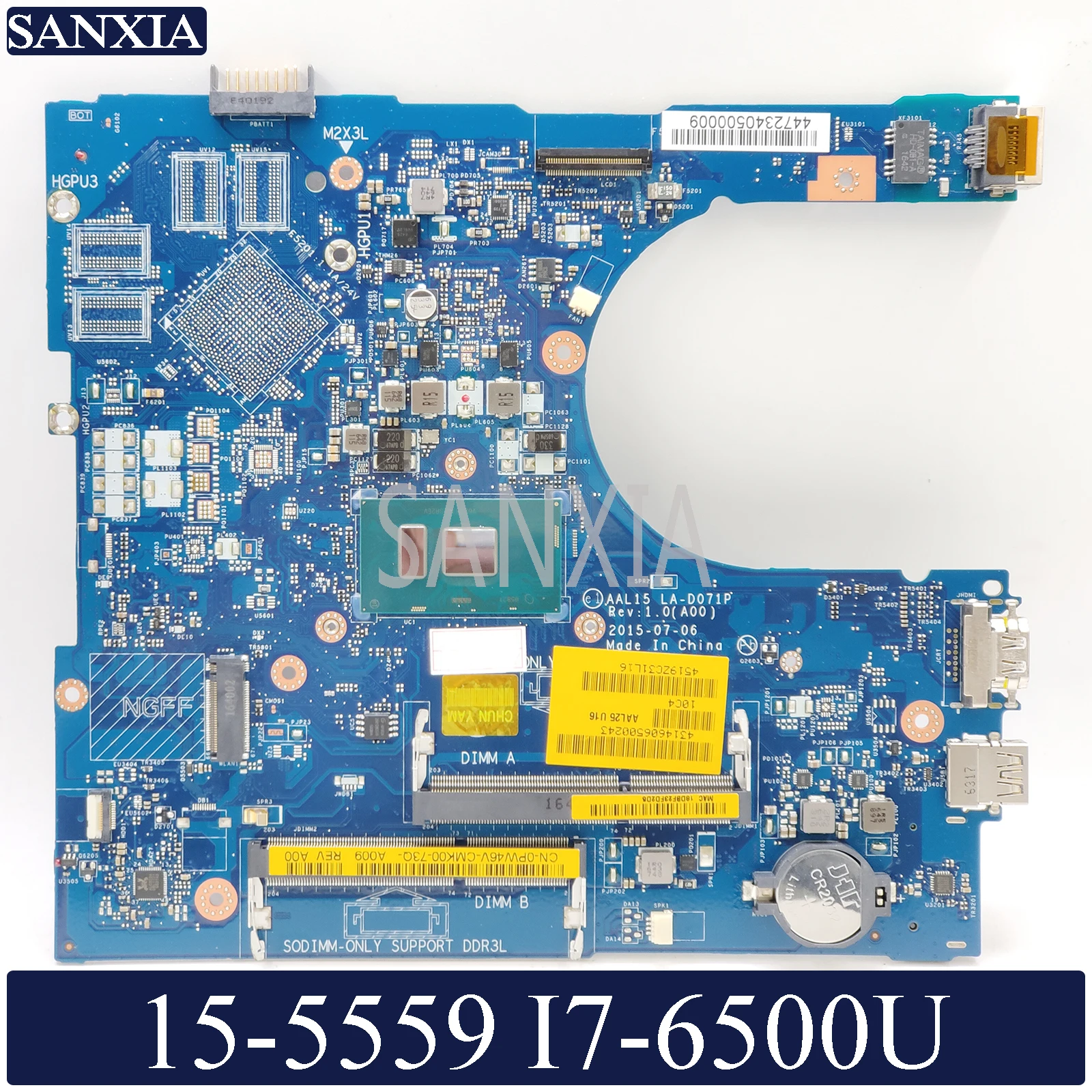 

KEFU LA-D071P Laptop motherboard for Dell Inspiron 15-5559 original mainboard I7-6500U UMA