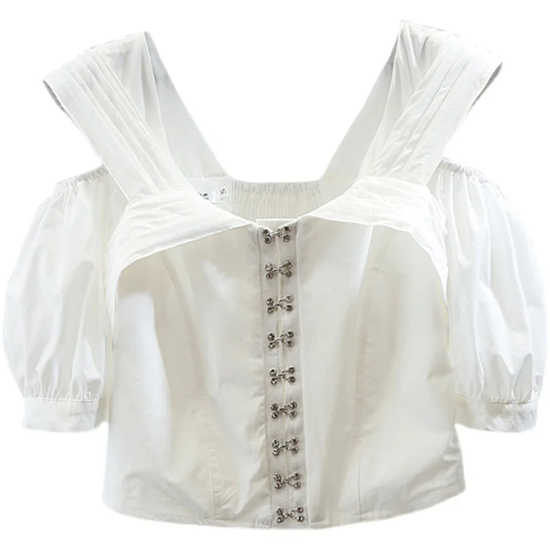 

Off-the-Shoulder Strap Off-Neck Hooks Tops 2021 Summer New Short Shirt Elegant Short Sleeve White Cropped Tops Female Blouses