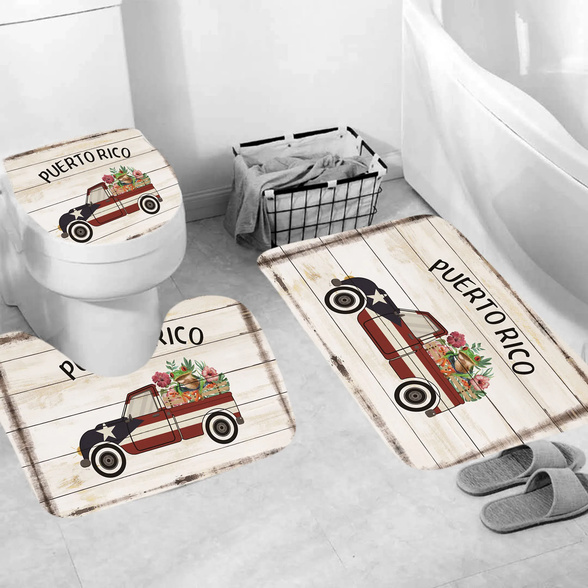 

3Pcs/set Vintage Farm Truck Gift Bath Mat Non-slip Polyester Toilet Cover U-shaped Home Decor