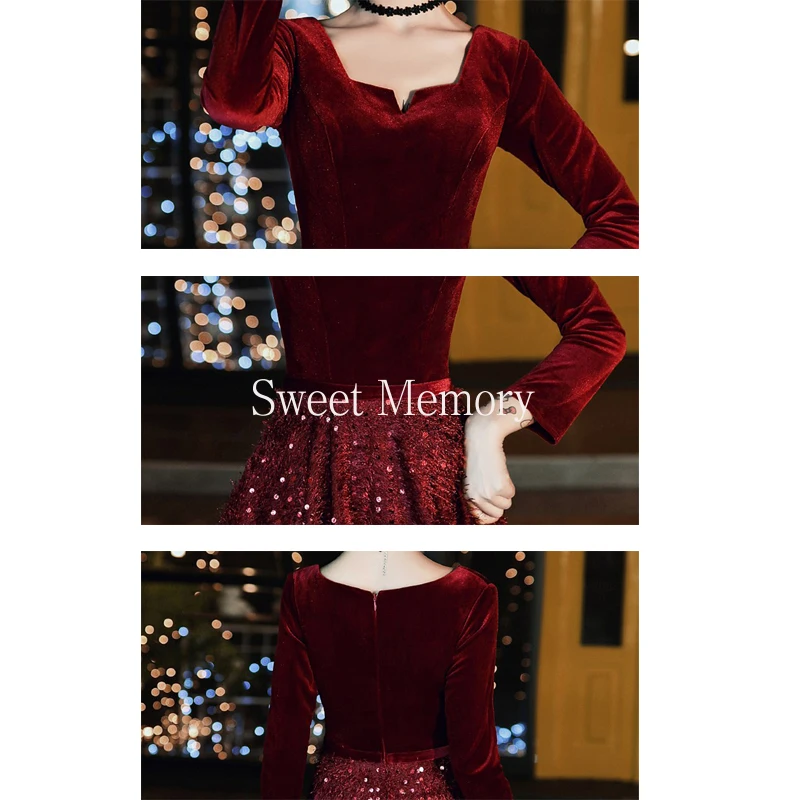 

2021 Dress Shining Sequined Long Sleeve Evening Dresses Floor-Length Formal Wedding Party Vestidos Vintage Gown Women