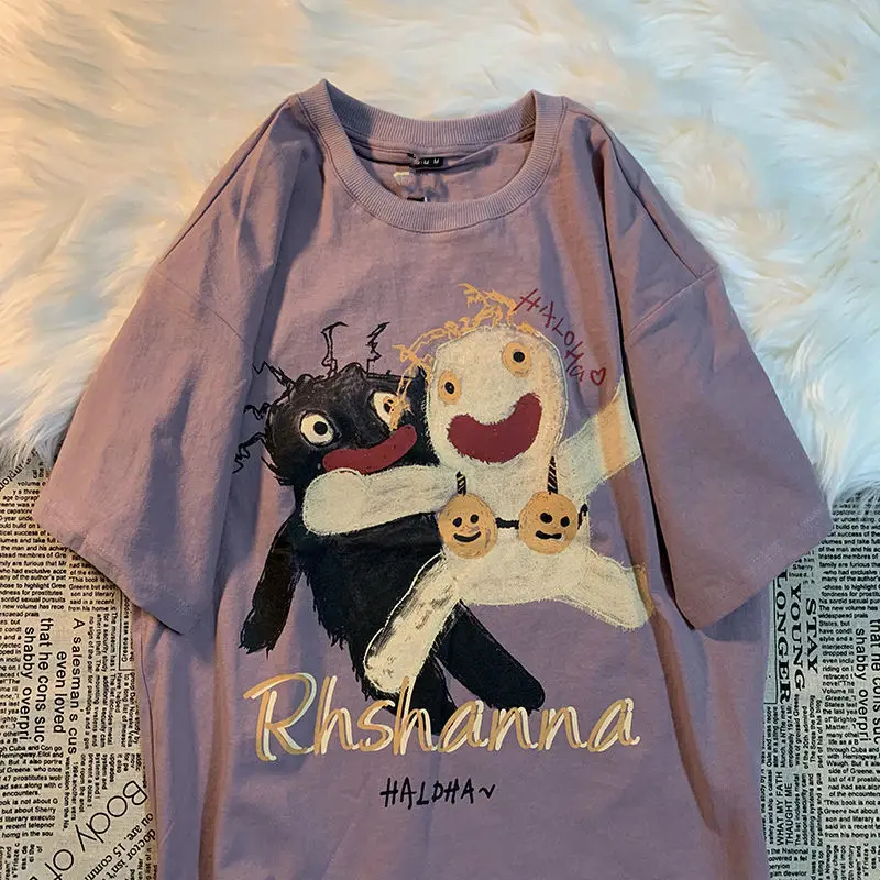 

Хлопковая футболка с коротким рукавом, Корейская женская Свободная футболка с круглым вырезом, топ для студентов