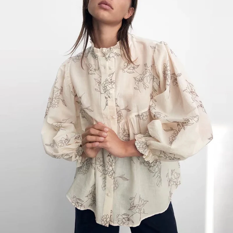 

Женская рубашка с цветочной вышивкой ZA, однобортная Повседневная Блузка с круглым вырезом и длинным рукавом-фонариком, осень 2021