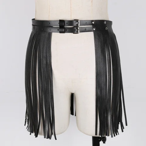 YiZYiF Sexy Fringe Tassel Skirt Harness Women BDSN Adjustable Faux Leather Mini Dress Tassel Belt Halloween Skirt Gypsy Costume