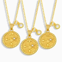 gold plated 12 zodiac cz necklace for women round disc star pattern constellations clavicle chain choker wholesale jewelry gift