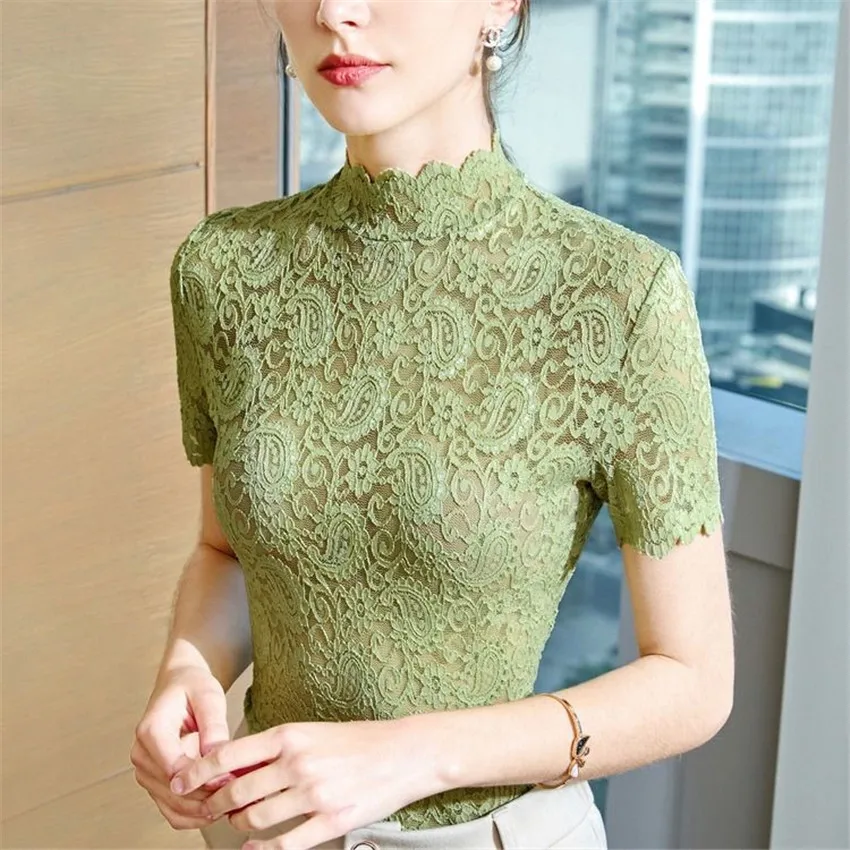 

20 New Turtleneck Lace T-shirt All-match Big Size Women Hollow Out Tees Casual Lady Basic Tops Pullovers Brief Bottomings 1237