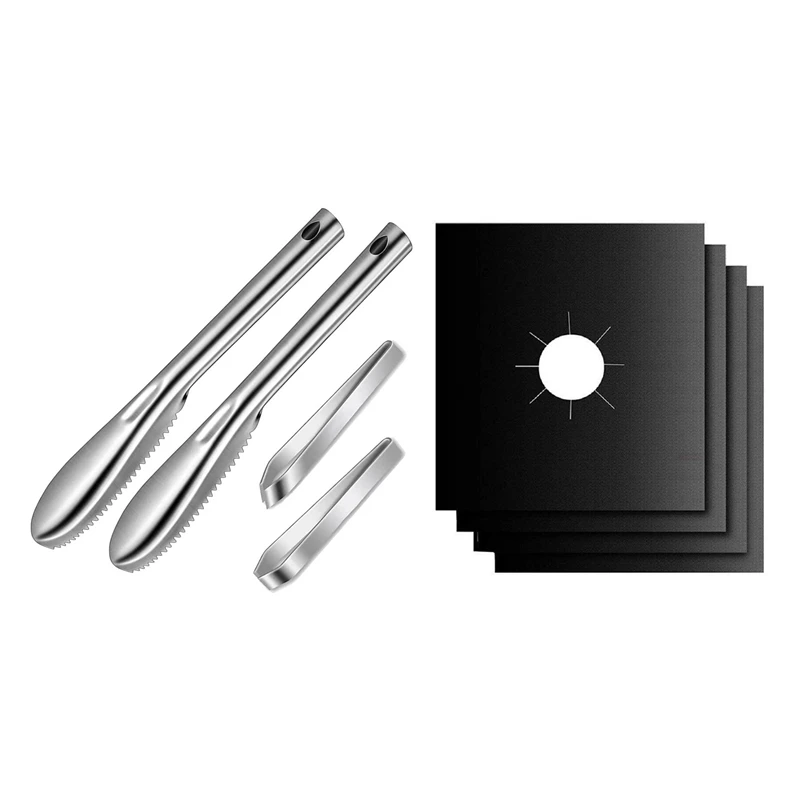 

4 Burner Covers, Reusable Stove Top Cover, Heat Insulation Pad with 4 Pcs Fish Scaler Remover Fish Scaler Brush Set