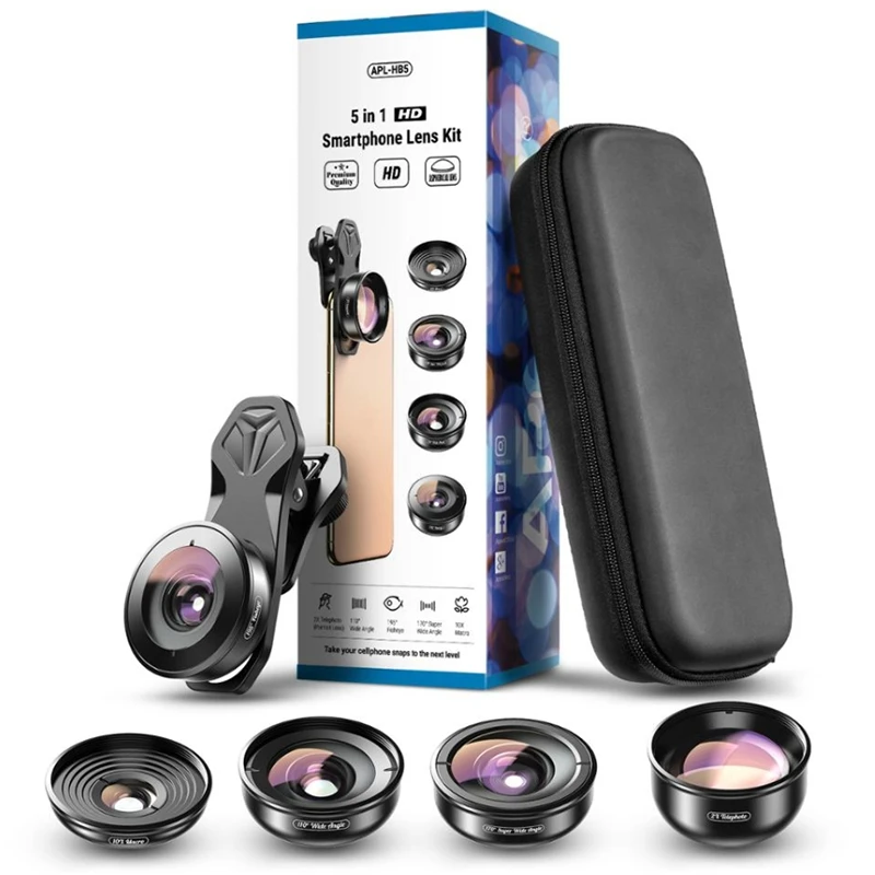 

APEXEL 5In1 мобильный телефон чехол для объектива Комплект фотография HD объектив рыбий глаз супер широкий угол 4K макро объектив телескопа Набор ...
