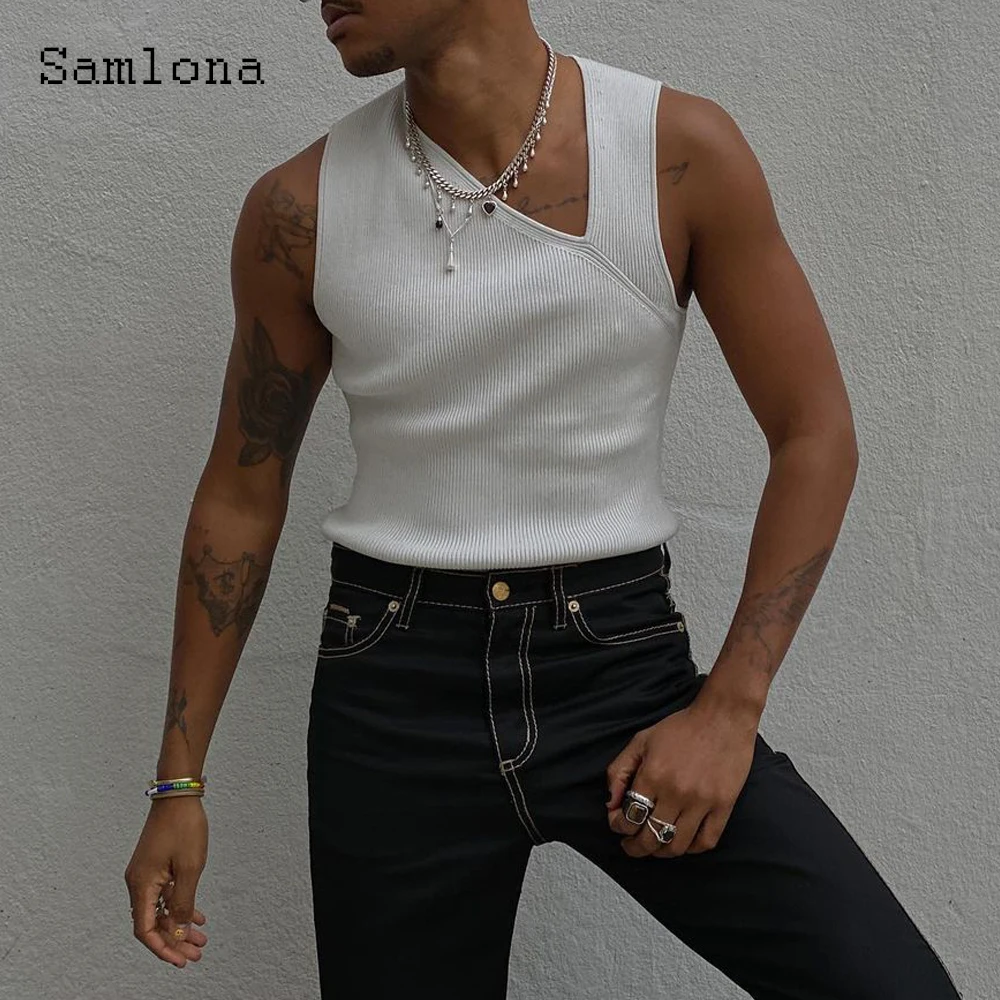 

Samlona Men Tank Top Mens Fashion Knitted Vest Clothing 2022 Summer Casual Skinny Pullovers Irregular Collar Sleeveless Shirt