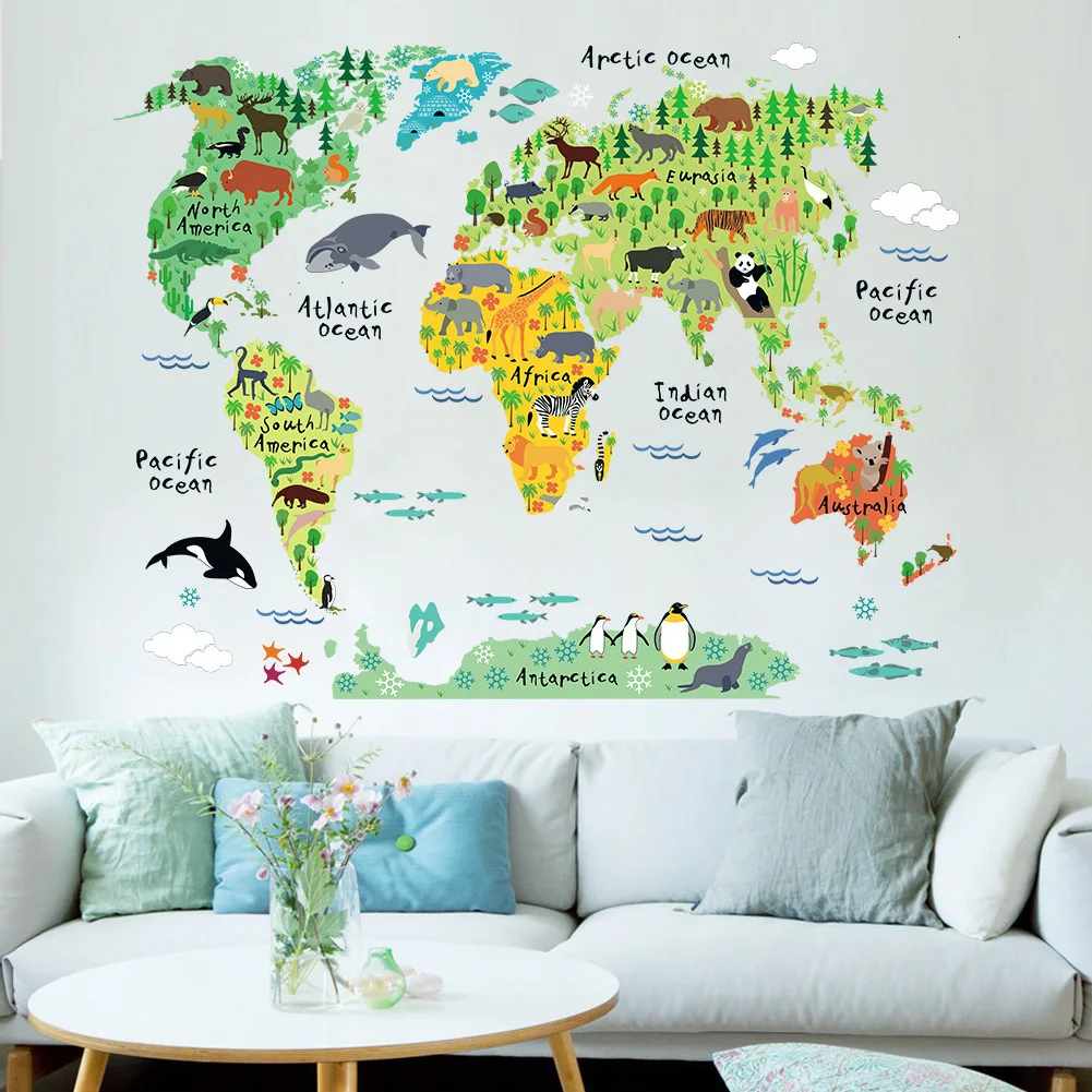 

Big Green Animal Distribution World Map Wall Sticker for Bedroom Living Room Kindergarten Decorative Mural Paste 60 * 90cm