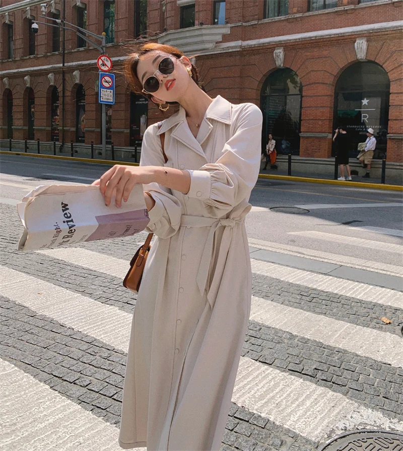 

Windbreaker Women New Style Retro Double-Breasted Trench Women's Jacket Waist Mid-Length Temperament Autumn Dress 코트원피스