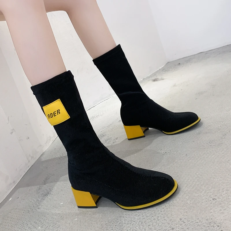 

Women's Mid-tube Boots Fabric Square Heel Round Toe Non-slip Women's Boots Comfortable and Lightweight Outdoor Warm Snow Boots