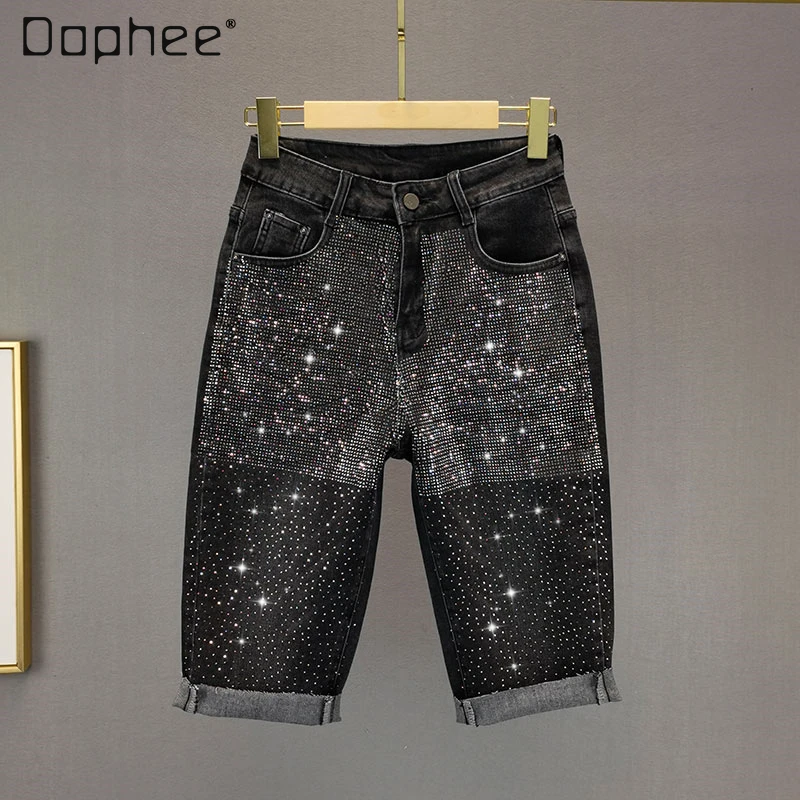 

2021 Summer New European Diamond Denim Shorts Women's Breeches Cotton Stretch High Waist Figure Flattering Shorts Tide
