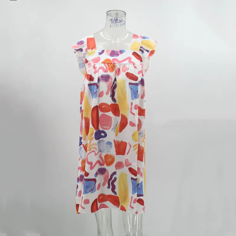 Женское мини-платье на бретельках свободное ТРАПЕЦИЕВИДНОЕ ПЛАТЬЕ с принтом