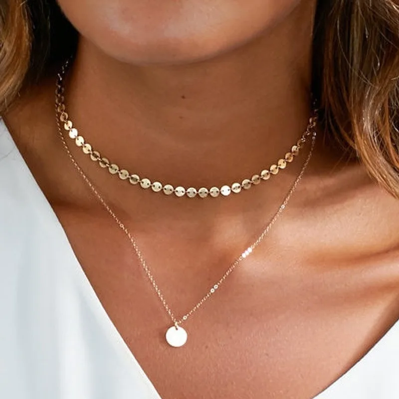 

Multilayer Women Necklace Hand Made Female Necklaces Sequins Ladies Jewellery Lady Jewelry Gold Color Trendy Kpop Alloy Collier