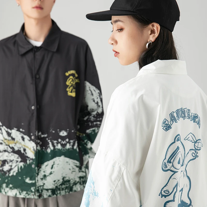 Мужская куртка в стиле хип-хоп уличная Харадзюку С мультяшным принтом снега и гор