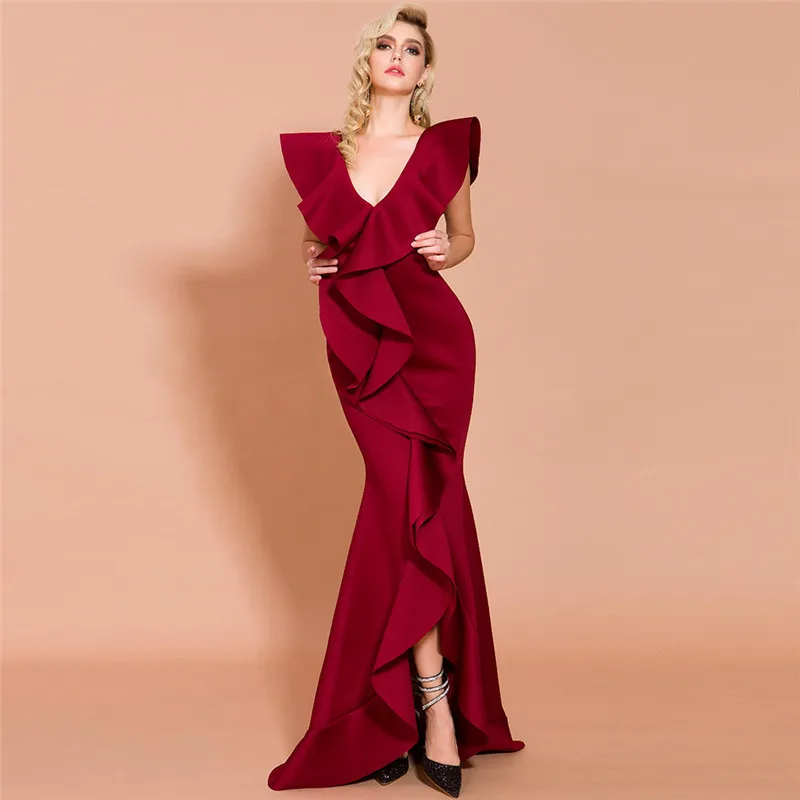 

Wine Party Long dress sexy women Ruffles Deep V-neck backless celebrity new style fashion body Long dresses