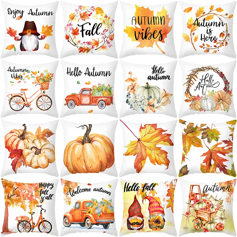 

2021 New Maple Leaf Pumpkin Print Thanksgiving Pillowcase Autumn Harvest Family Car Office Peach Skin Pillowcase