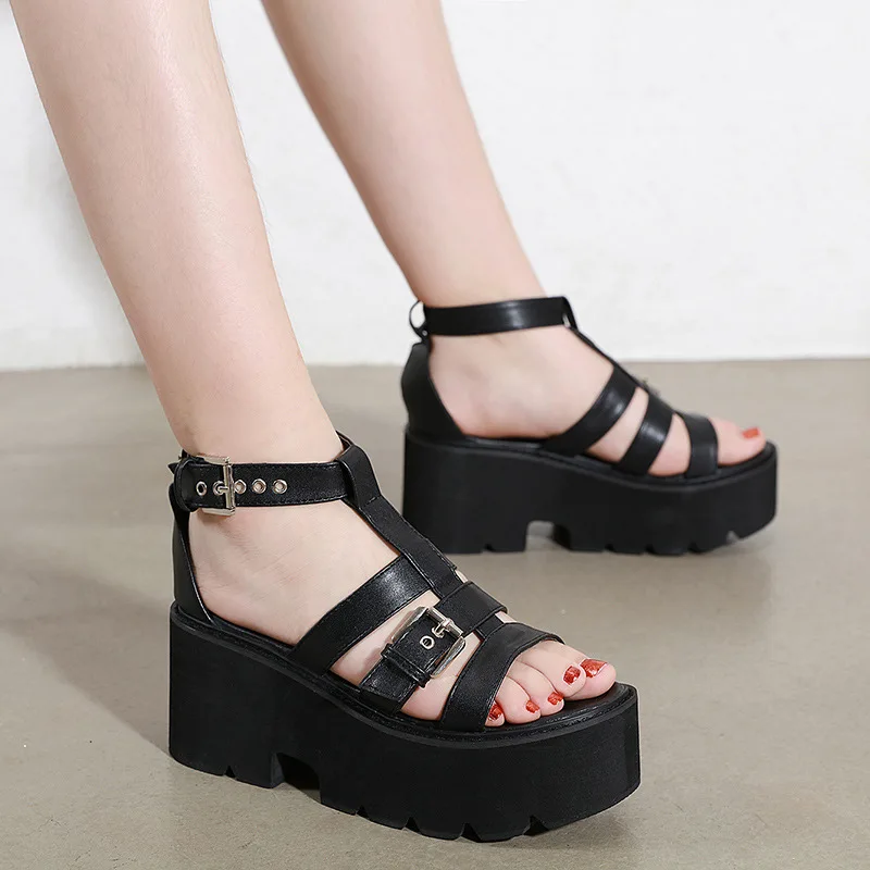 

7cm Summer New Fashion Open Toe Platform Sandals Ankle Strap Black Sexy Women Shoes 38 39 40