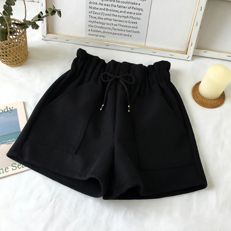 

Autumn Winter Women Shorts High Waist Shorts Solid Casual Loose Thick Warm Elastic Waist Straight Booty Shorts With Pockets