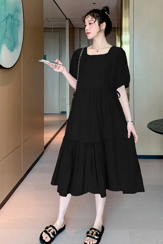 

1769# Summer Korean Fashion Chiffon Maternity Long Dress Drawstring Slim Waist Loose Clothes for Pregnant Women Pregnancy