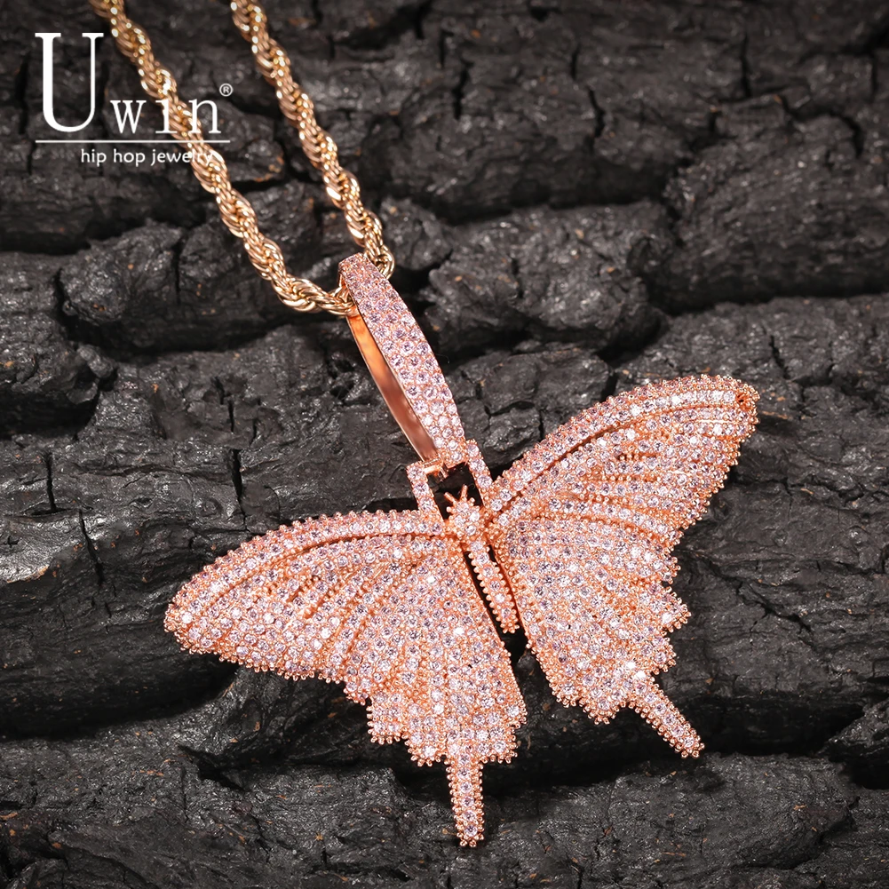 

Uwin Monarch Butterfly Small Rosegold Pink CZ Pendant Full Iced Out Bling Fashion Luxury Hiphop Men Women Jewelry Drop Shipping