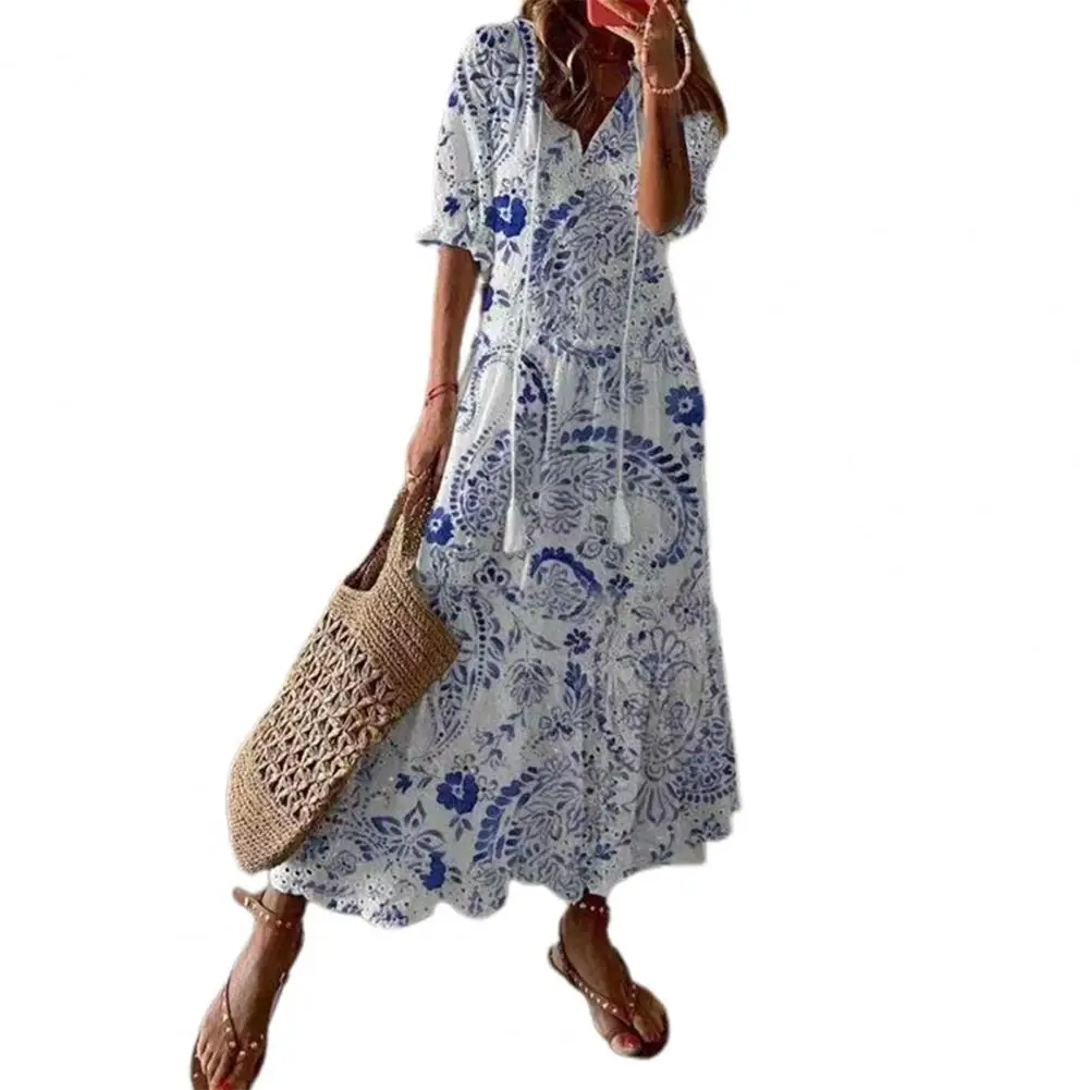 

Women Long Dress 2021 Female Ethnic Print V Neck Summer Autumn Elegant Half Sleeve Ruffles Hem Dress for Casual Ladies Vestidos