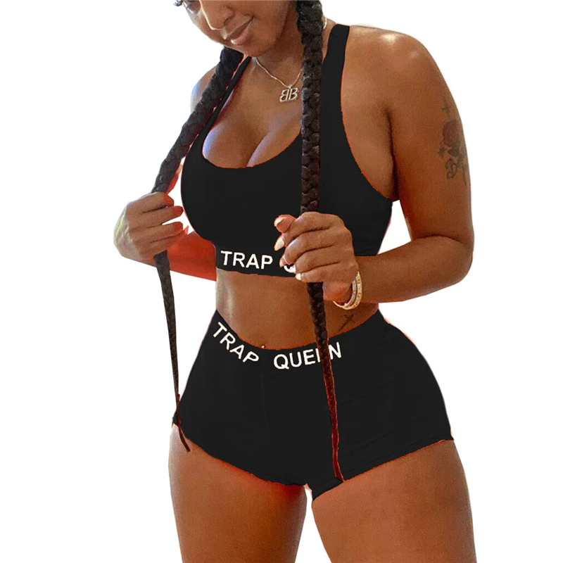 

Letter Printed Female Sexy Sports Clothes Sets Bandage Crop Tops High Waist Bottom 2PCS Female Outfits