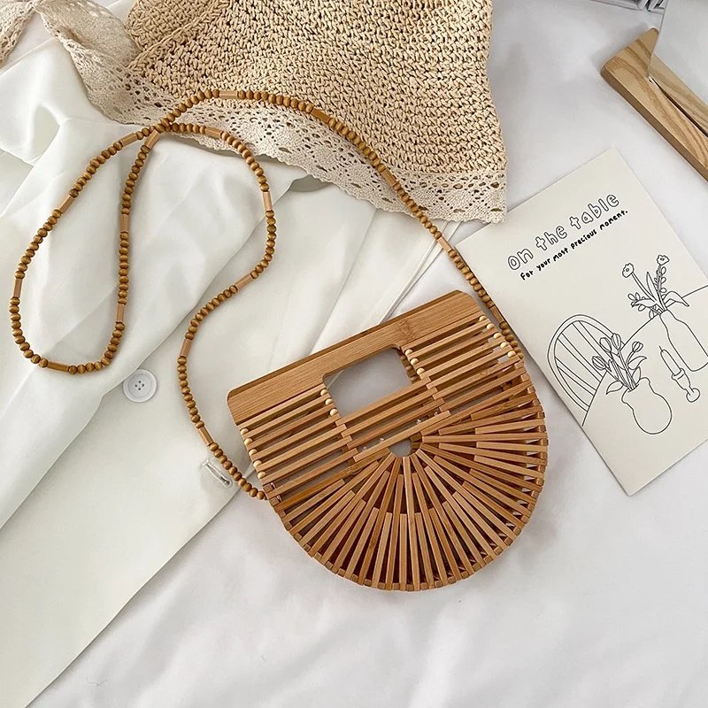 

Bamboo Bag Half Round Portable Rattan Bag Hollow Beach Holiday One Shoulder Women's Bag