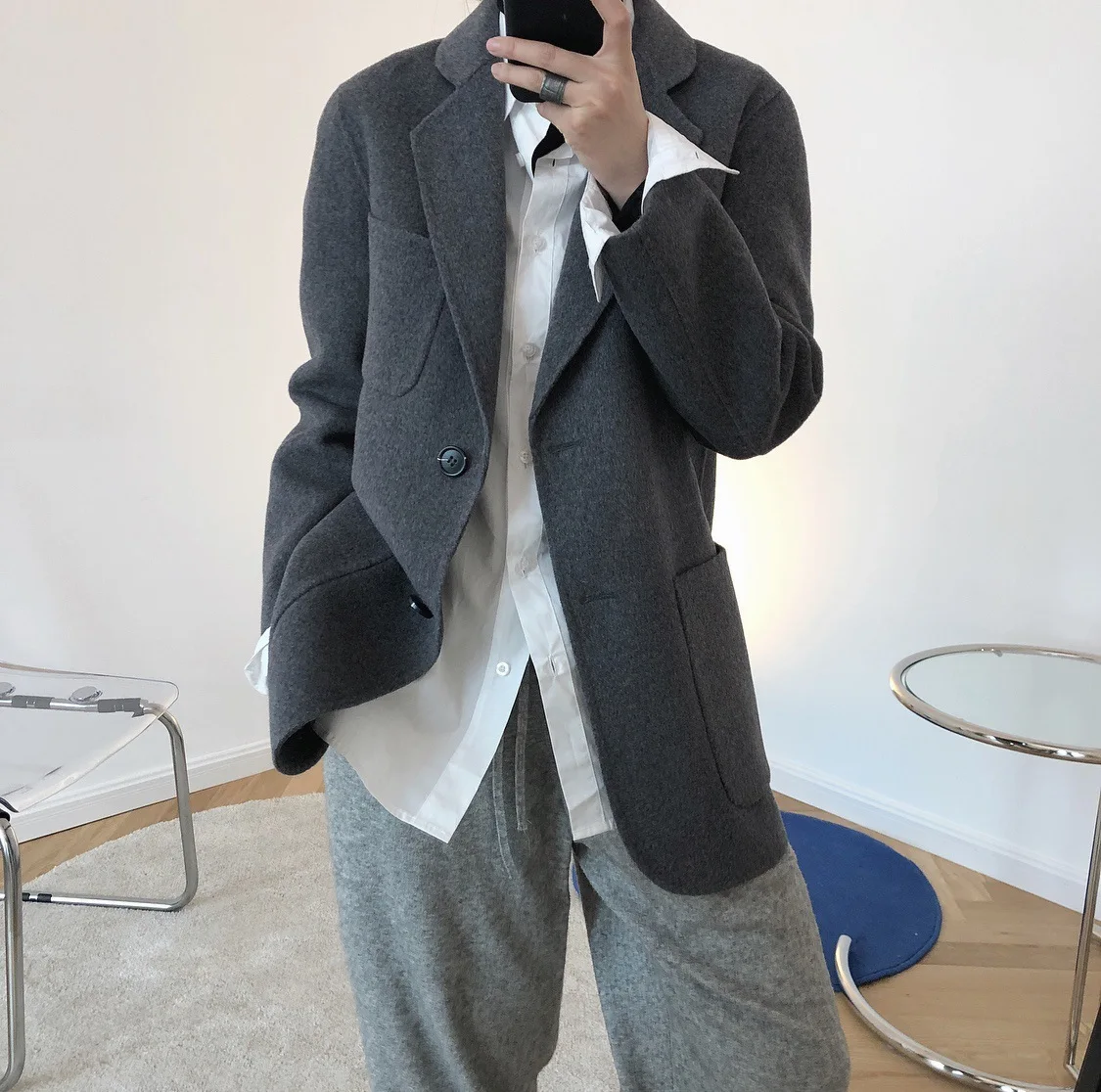 Пальто женское Шерстяное двубортное с двумя большими карманами свободное 2020 |