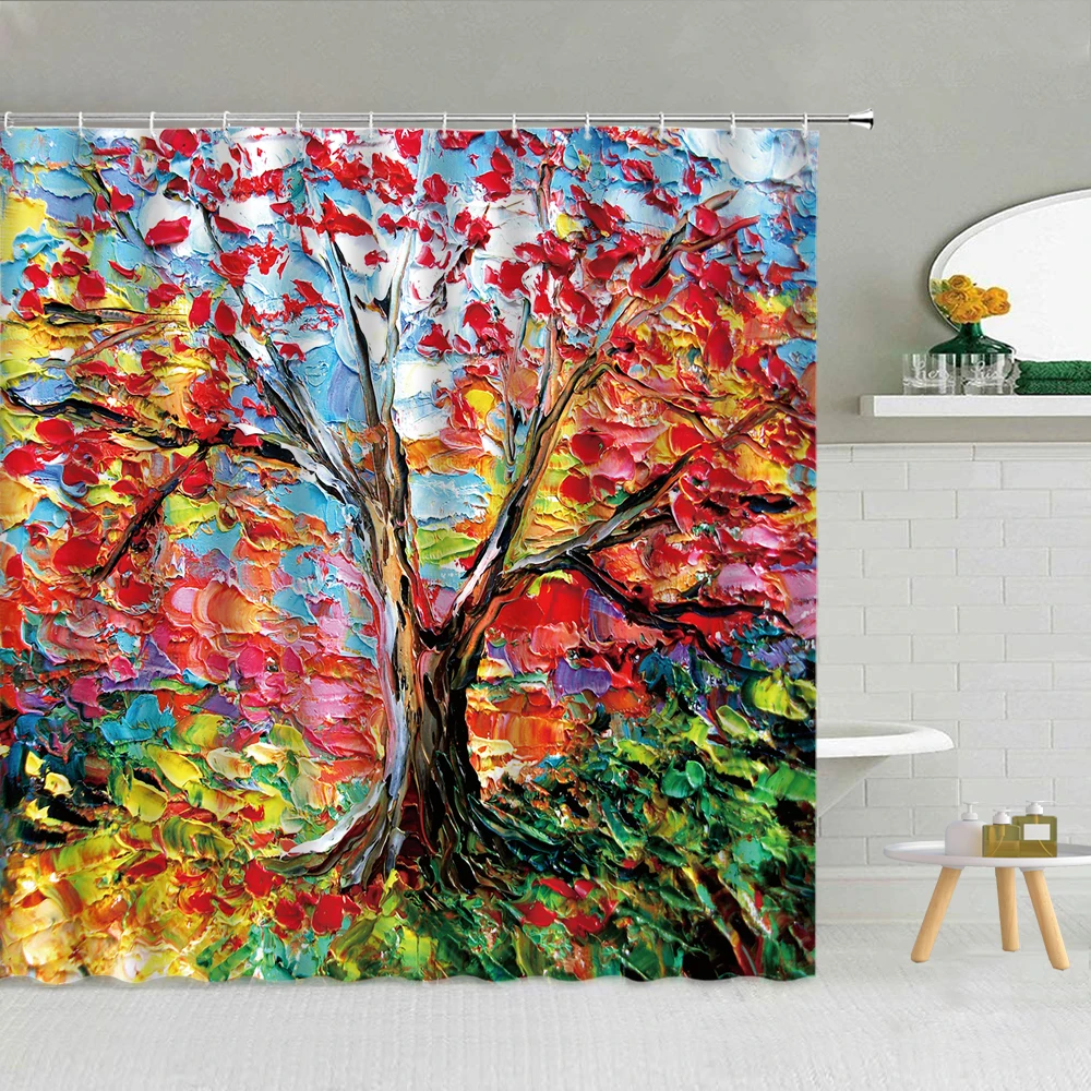 

3D Colorful Tree Creative Oil Painting Shower Curtain Cat Flower Spring Green Plant Bathroom Decor Waterproof Hooks Curtains Set