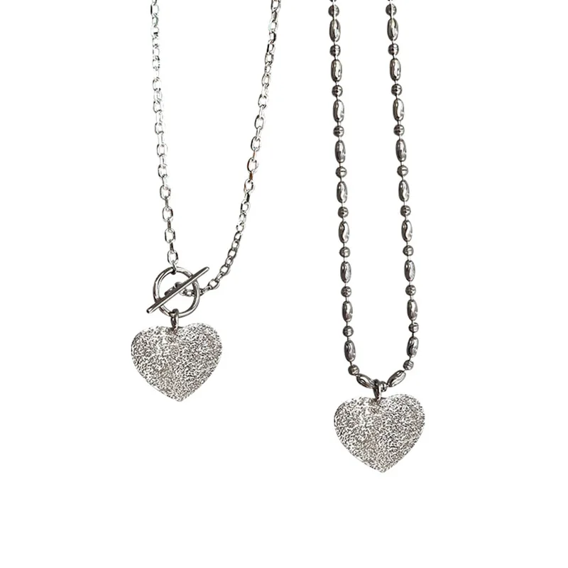 

LOVOACC Trendy Shiny Love Heart Matte Pendant Necklace for Women Charming Silver Color Toggle Clasp Metallic Necklace Jewelry